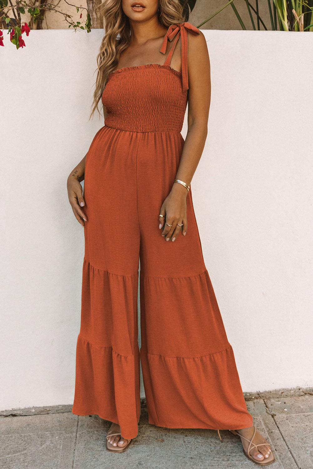 Tie-Shoulder Smocked Tiered Jumpsuit  Jumpsuits & Rompers- Doll Fits