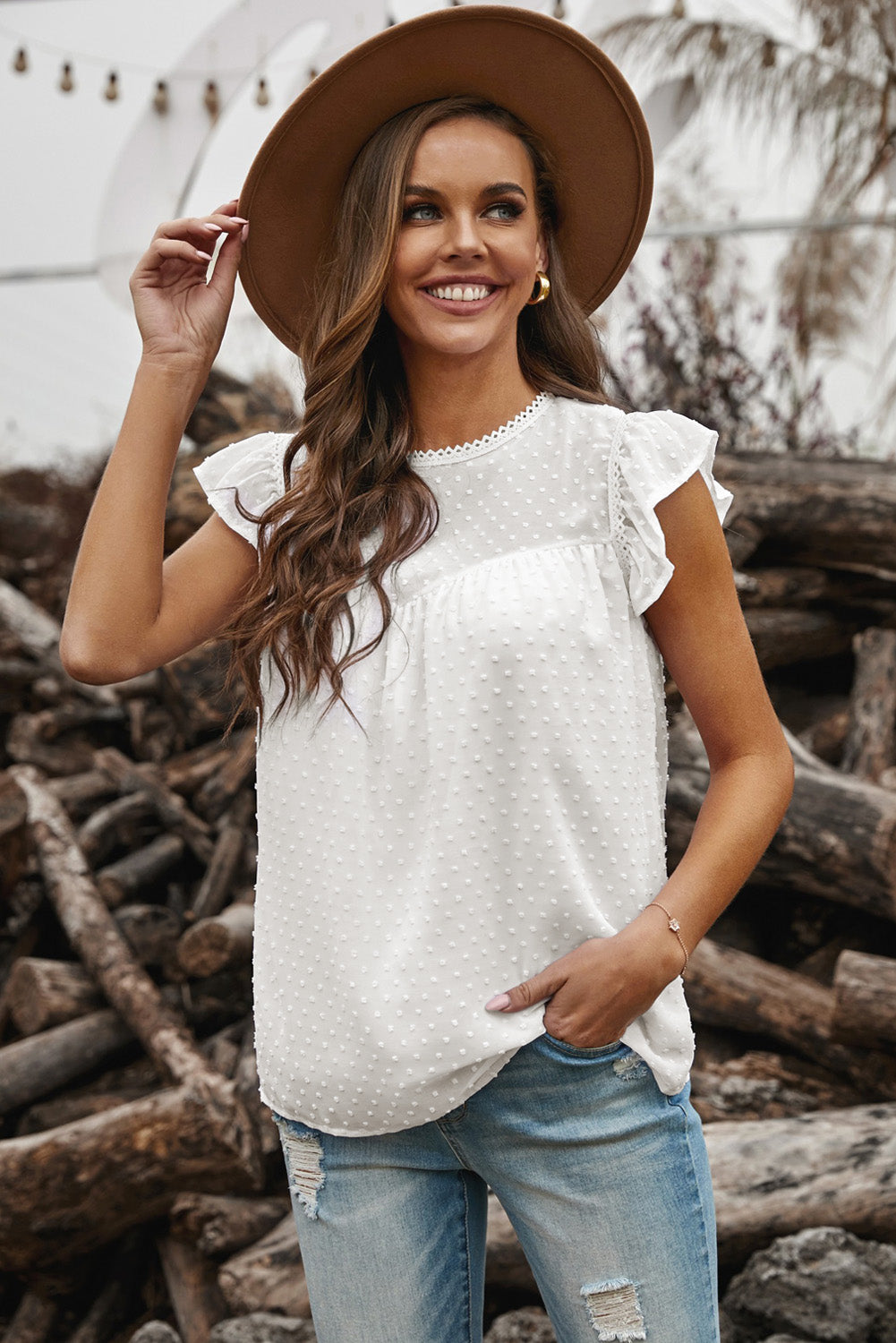 Swiss Dot Flutter Sleeve Round Neck Top  Shirts & Tops- Doll Fits