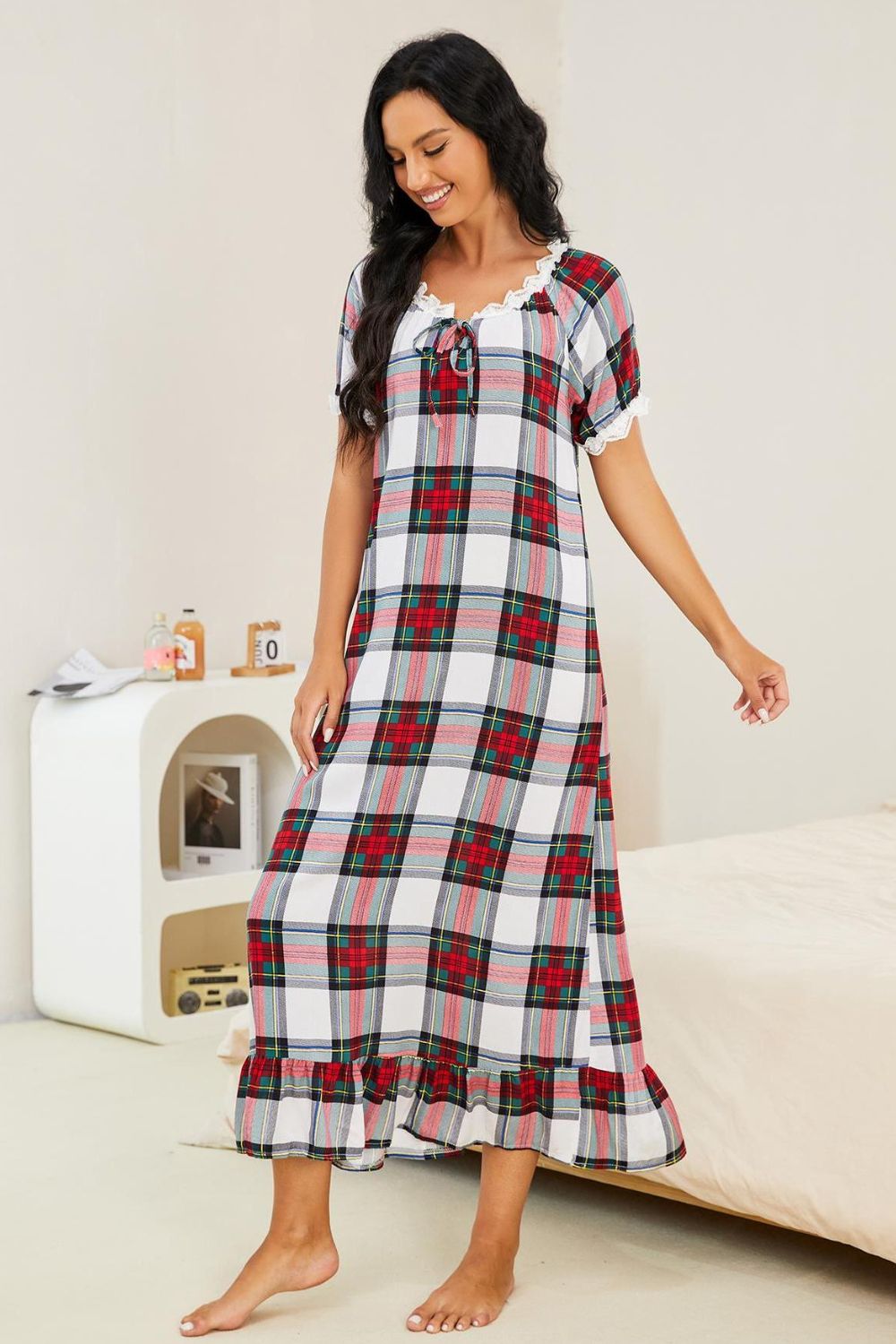 Plaid Lace Trim Ruffle Hem Night Dress  Dresses- Doll Fits