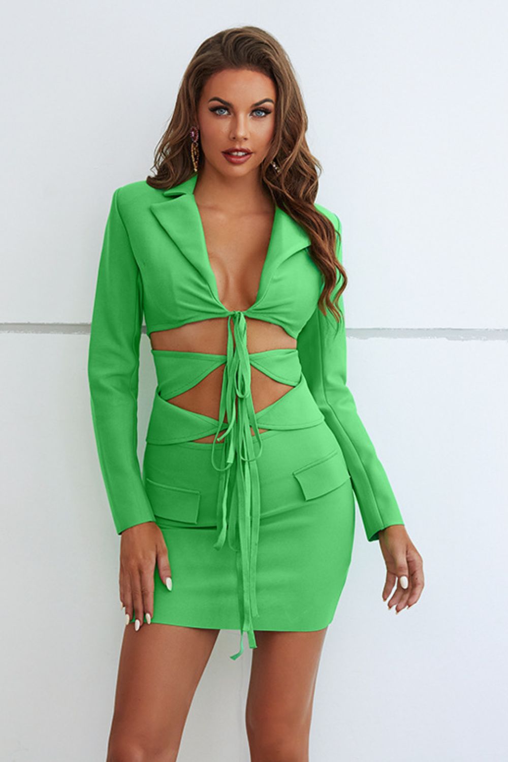 Cutout Tied Blazer and Skirt Set  Outfit Sets- Doll Fits