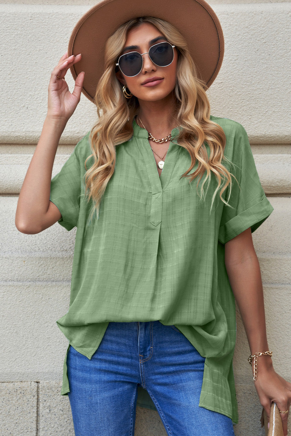 Notched Side Slit Cuffed Blouse  Shirts & Tops- Doll Fits
