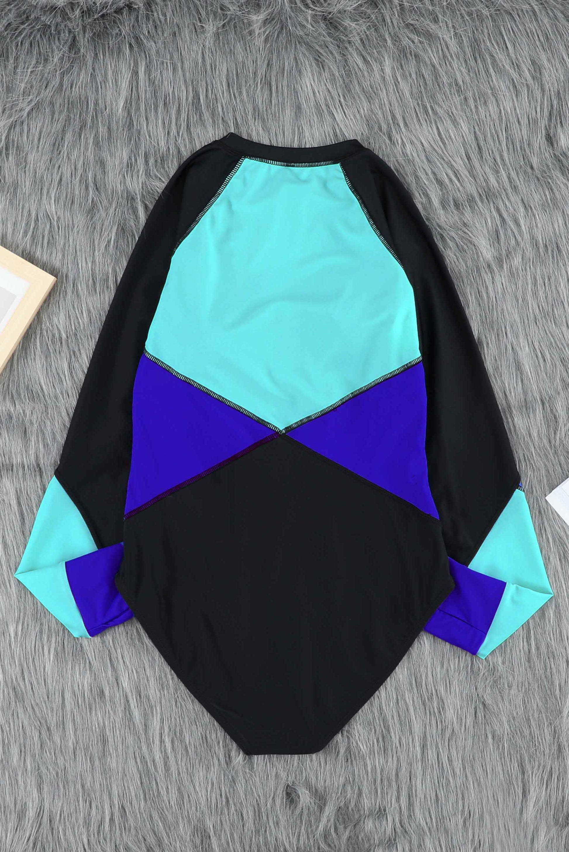 Color Block Half Zip Long Sleeve One-Piece Swimsuit  Swimwear- Doll Fits