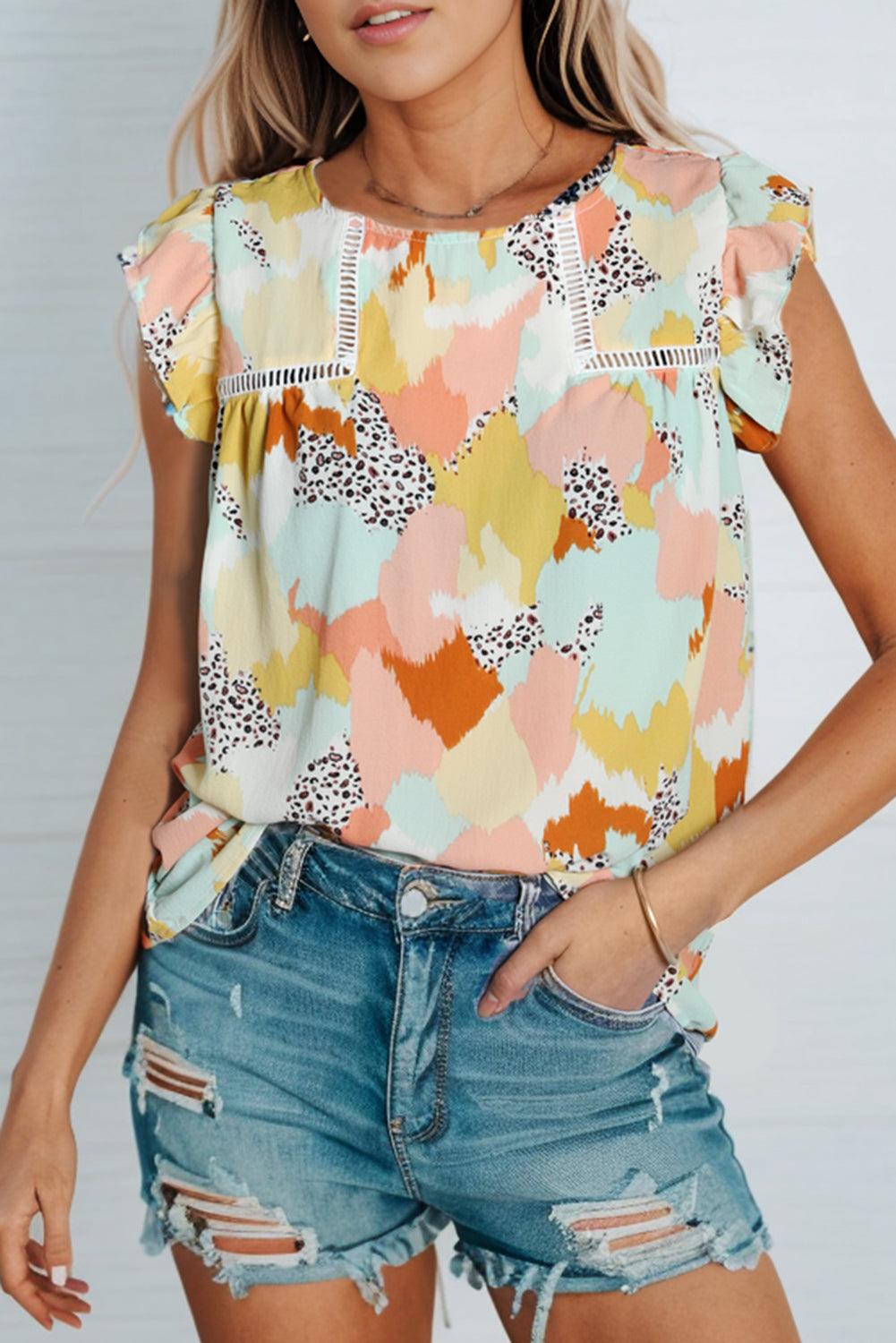 Printed Round Neck Flutter Sleeve Top  Shirts & Tops- Doll Fits
