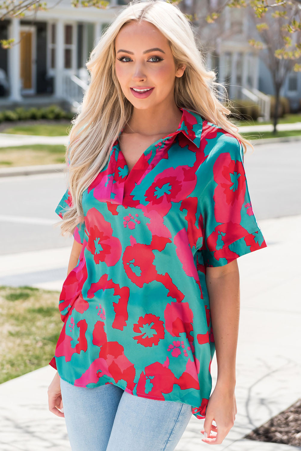 Printed Johnny Collar Short Sleeve Top  Shirts & Tops- Doll Fits