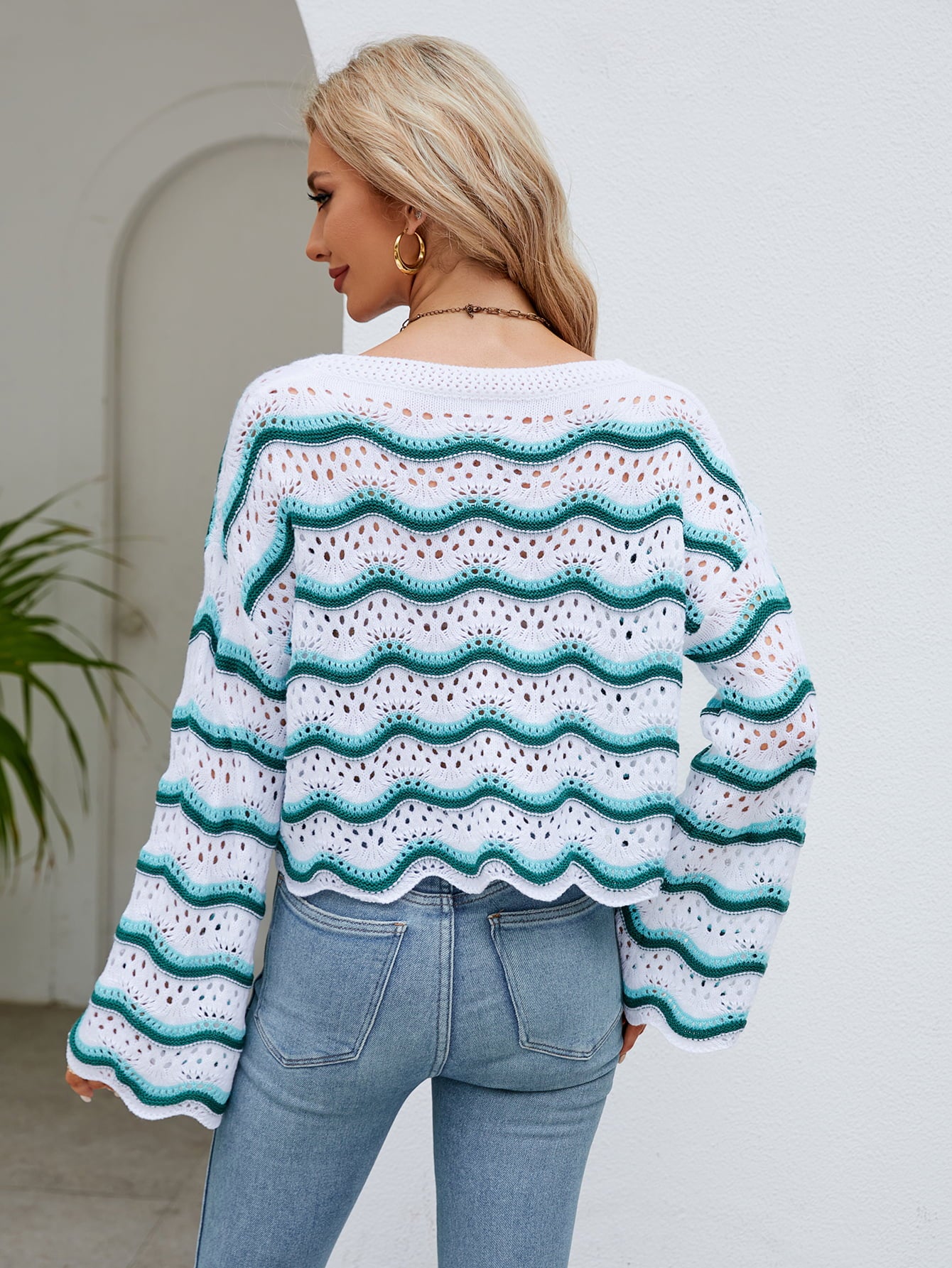 Round Neck Openwork Flare Sleeve Knit Top  - Doll Fits