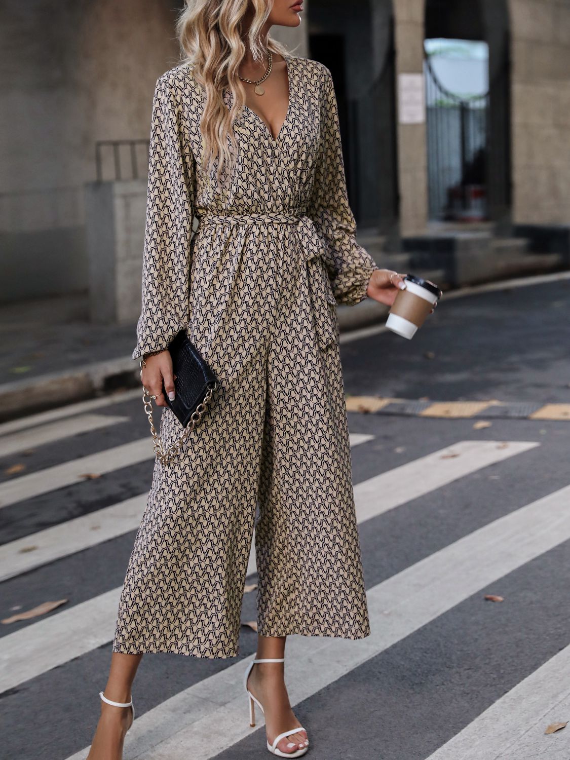 Printed Surplice Neck Tie Waist Wide Leg Jumpsuit  - Doll Fits