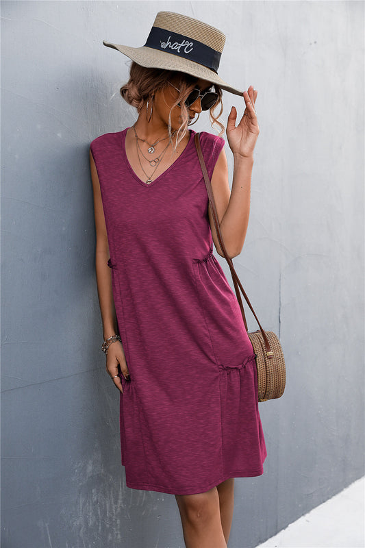 V-Neck Frill Trim Sleeveless Dress  Dresses- Doll Fits