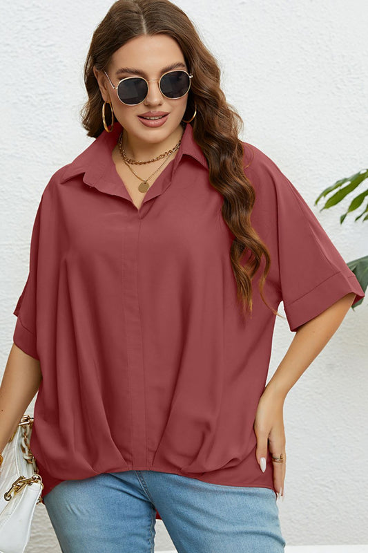Plus Size Collared Half Sleeve Hem Detail Top  Shirts & Tops- Doll Fits