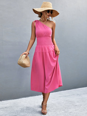 Asymmetrical One Shoulder Smocked Waist Midi Dress  Dresses- Doll Fits