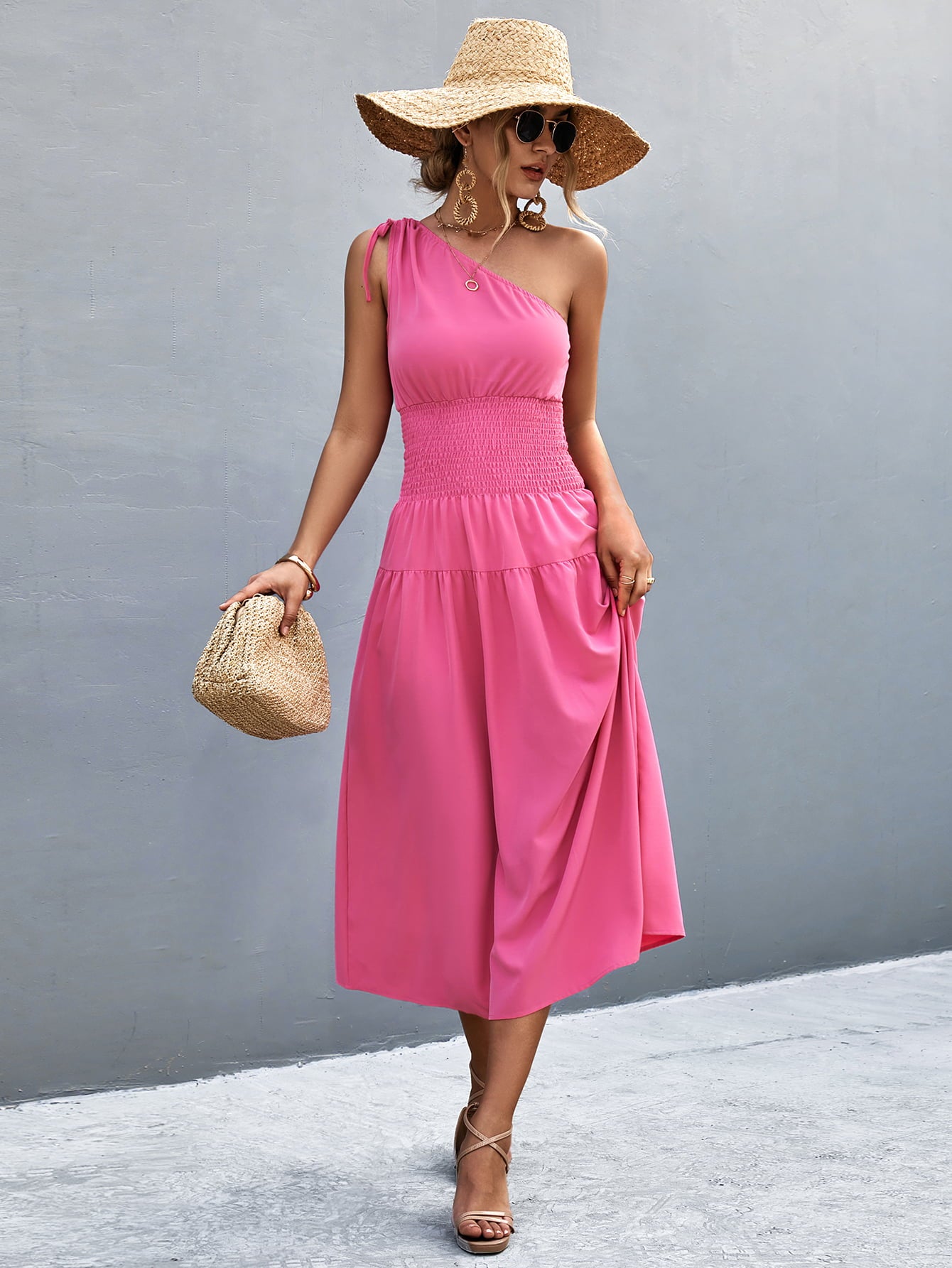 Asymmetrical One Shoulder Smocked Waist Midi Dress  Dresses- Doll Fits