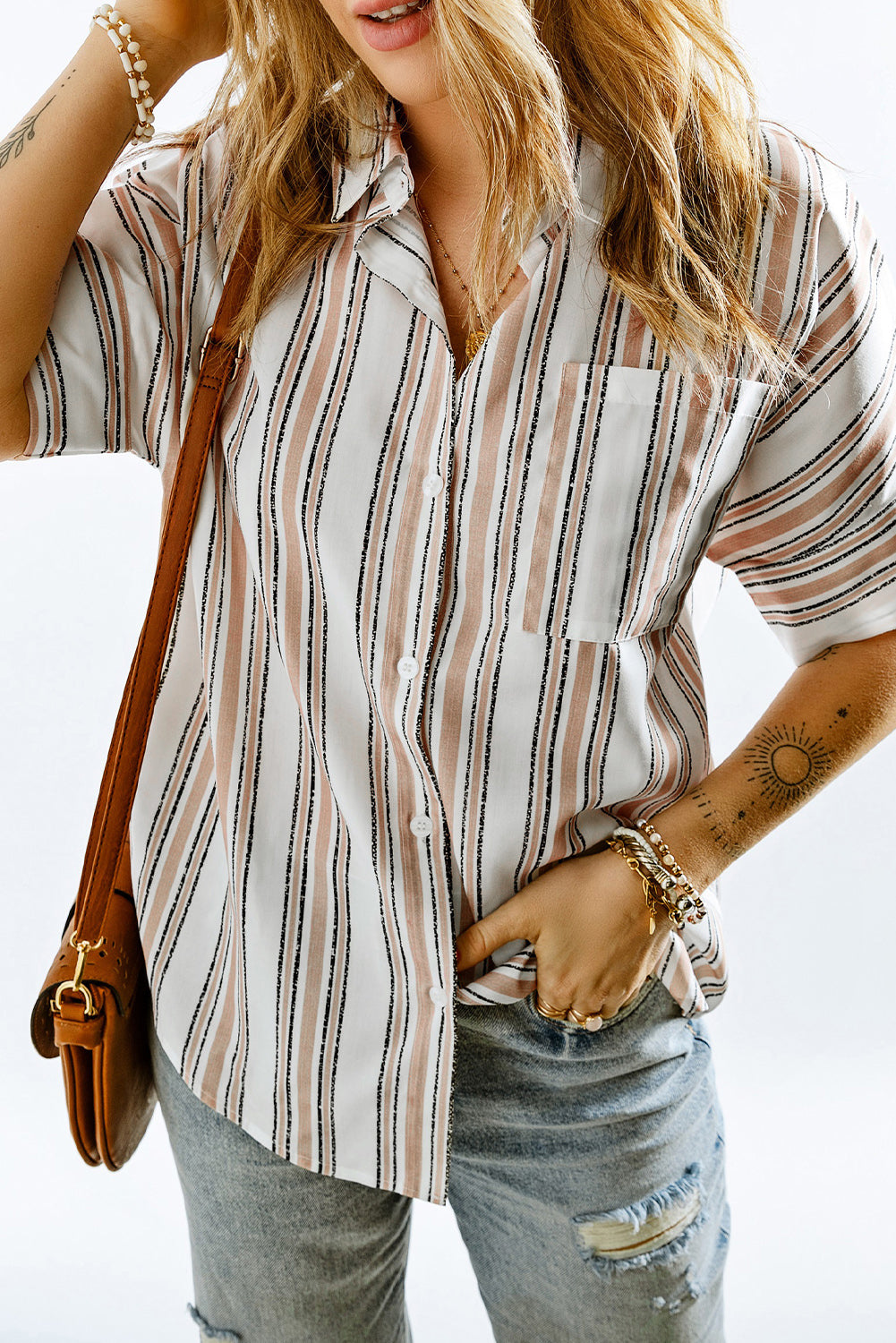 Striped Short Sleeve Shirt with Breast Pocket  Shirts & Tops- Doll Fits