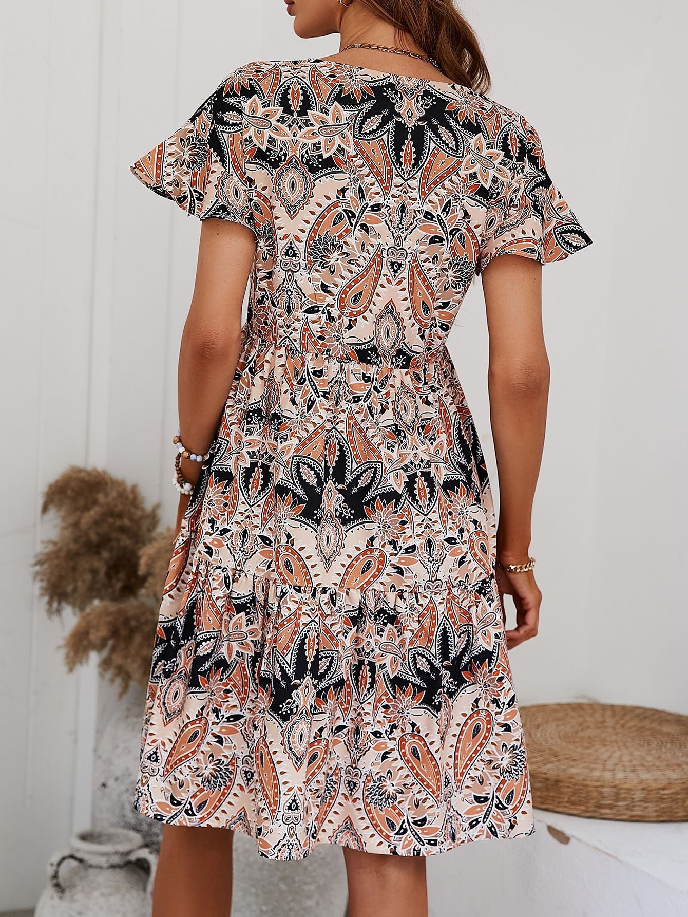 Printed V-Neck Tiered Dress  Dresses- Doll Fits