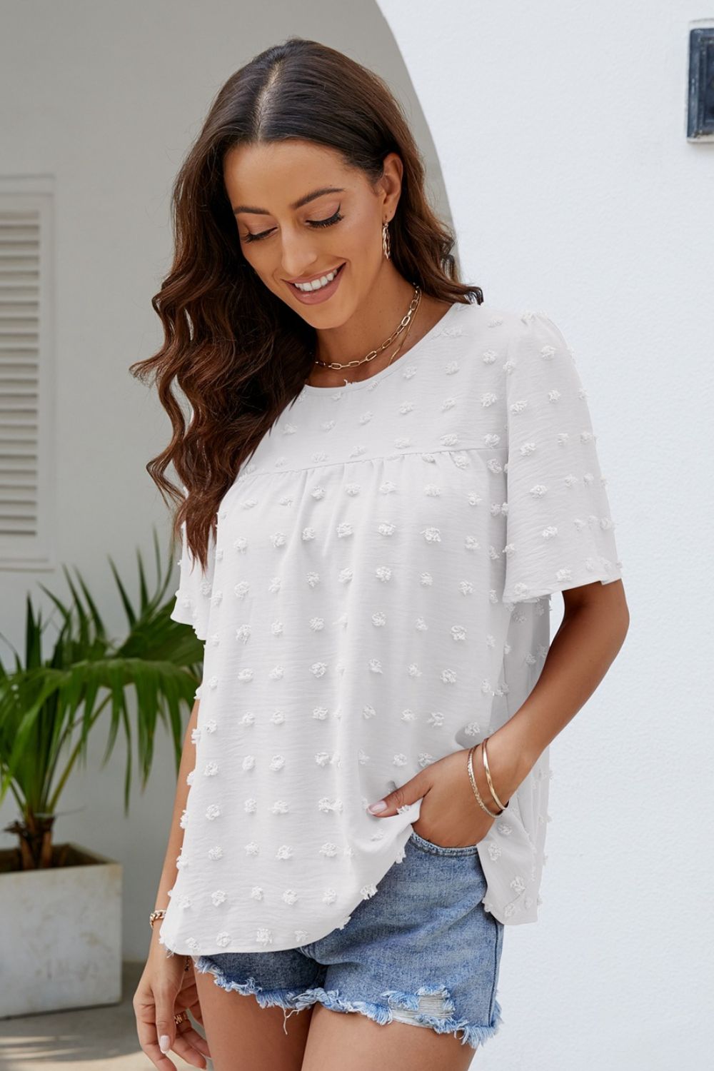 Swiss Dot Puff Sleeve Round Neck Blouse  Shirts & Tops- Doll Fits