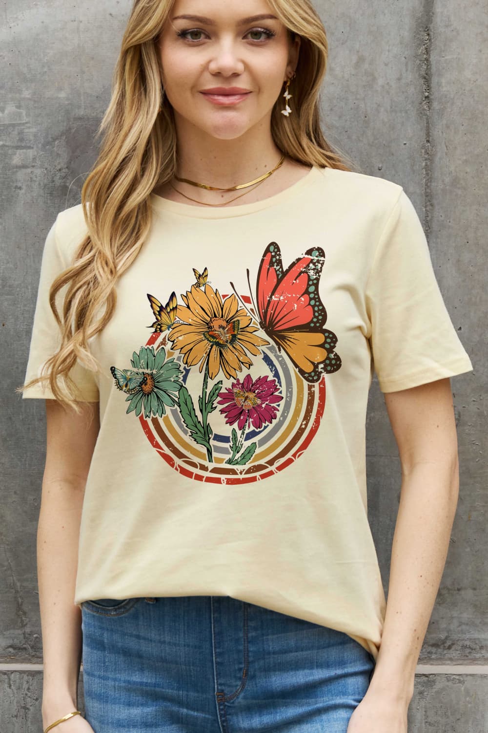 Simply Love Full Size Flower & Butterfly Graphic Cotton Tee  Shirts & Tops- Doll Fits