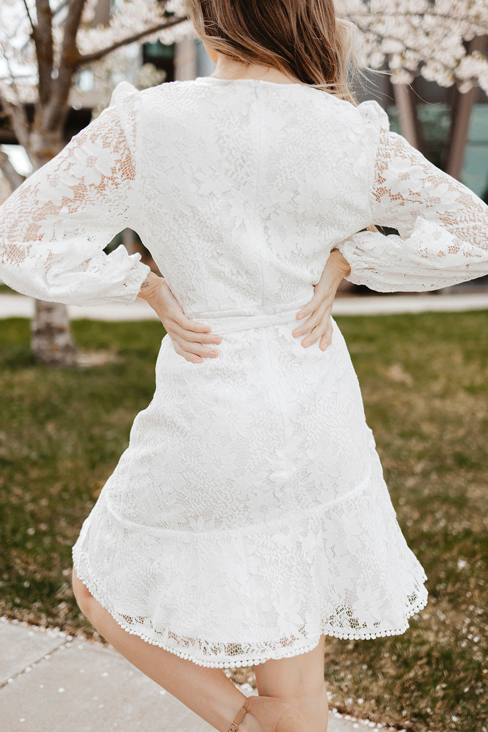 Pompom Trim Puff Sleeve Belted Lace Dress  Dresses- Doll Fits