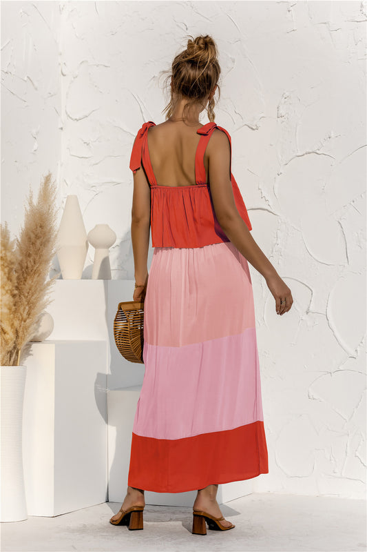 Color Block Tie Shoulder Tiered Sleeveless Dress  Dresses- Doll Fits