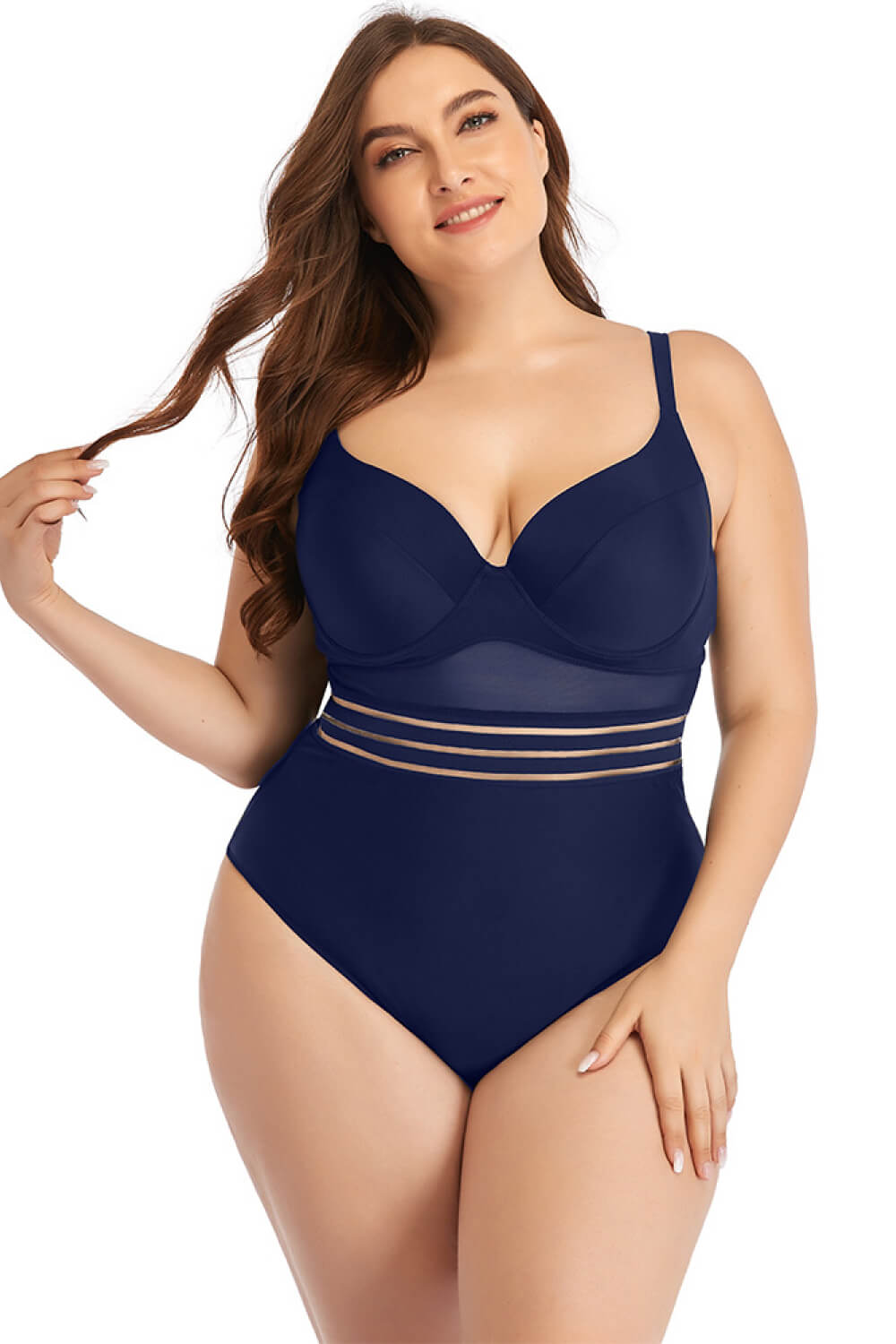 Plus Size Spliced Mesh Tie-Back One-Piece Swimsuit  Swimwear- Doll Fits
