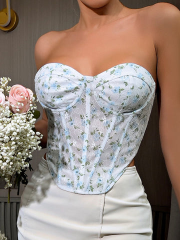 Floral Lace-Up Strapless Bustier  - Doll Fits