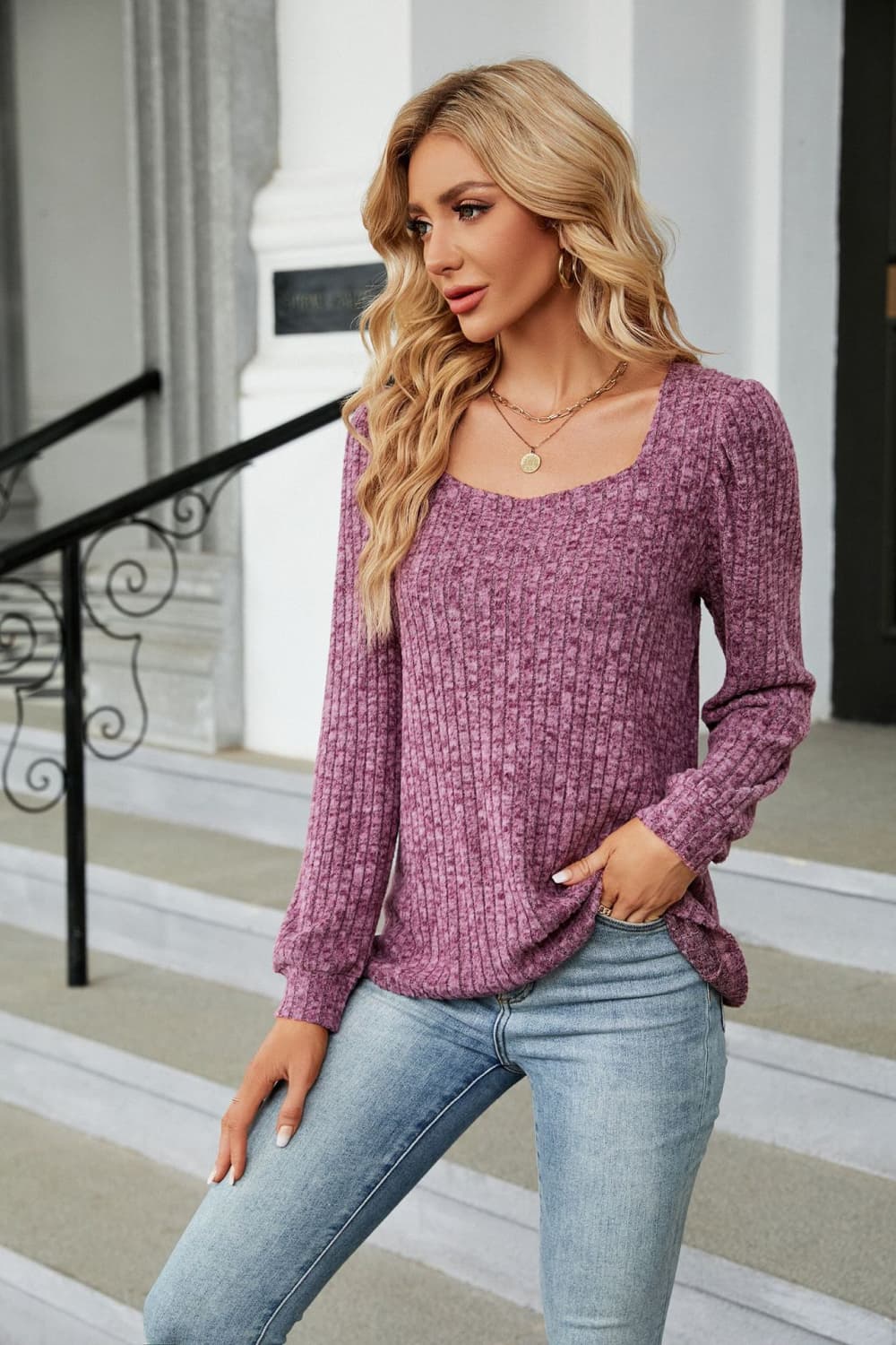 Ribbed Square Neck Long Sleeve T-Shirt  - Doll Fits
