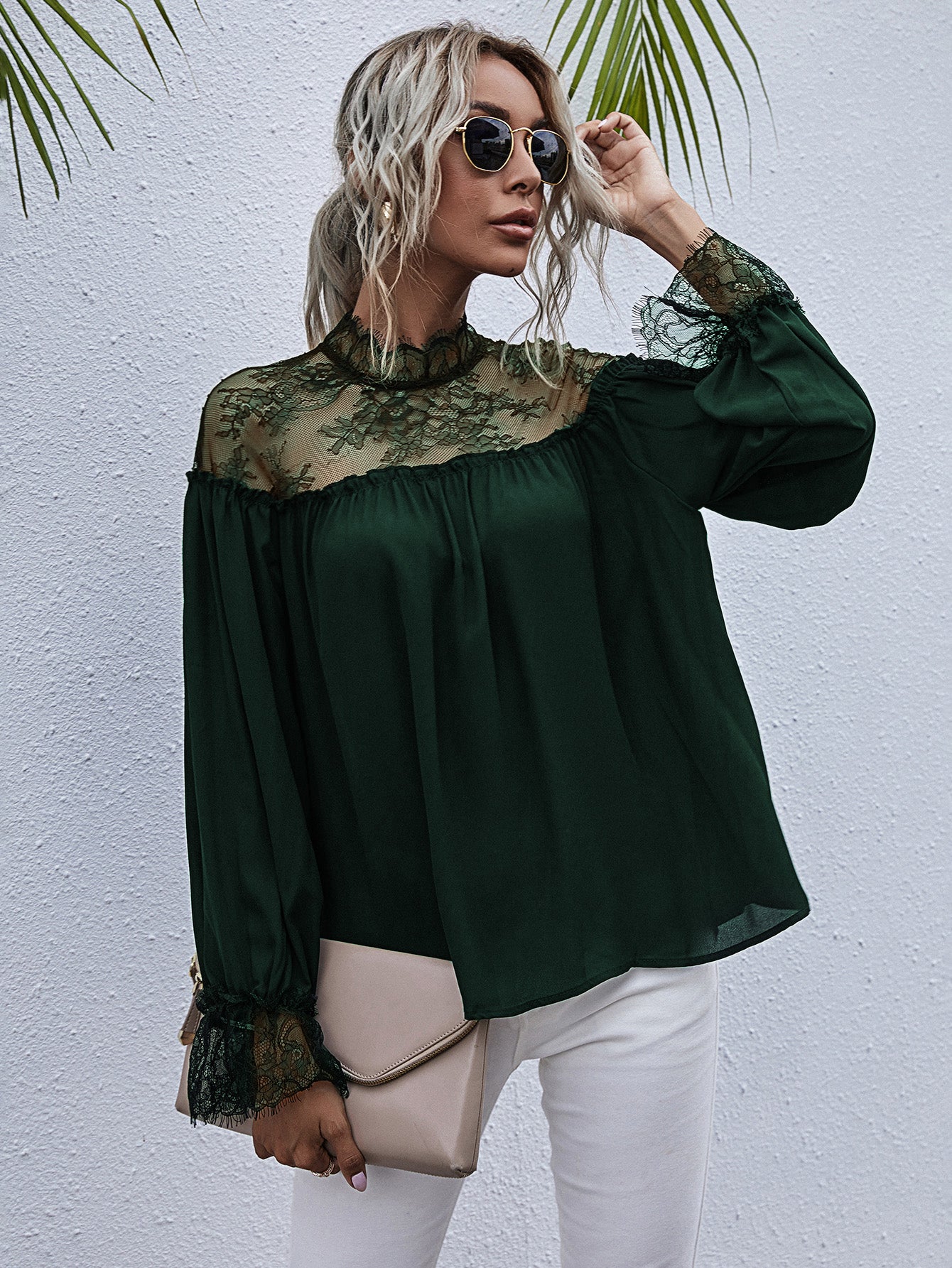 Semi-Sheer Lace Trim Mock Neck Blouse  - Doll Fits