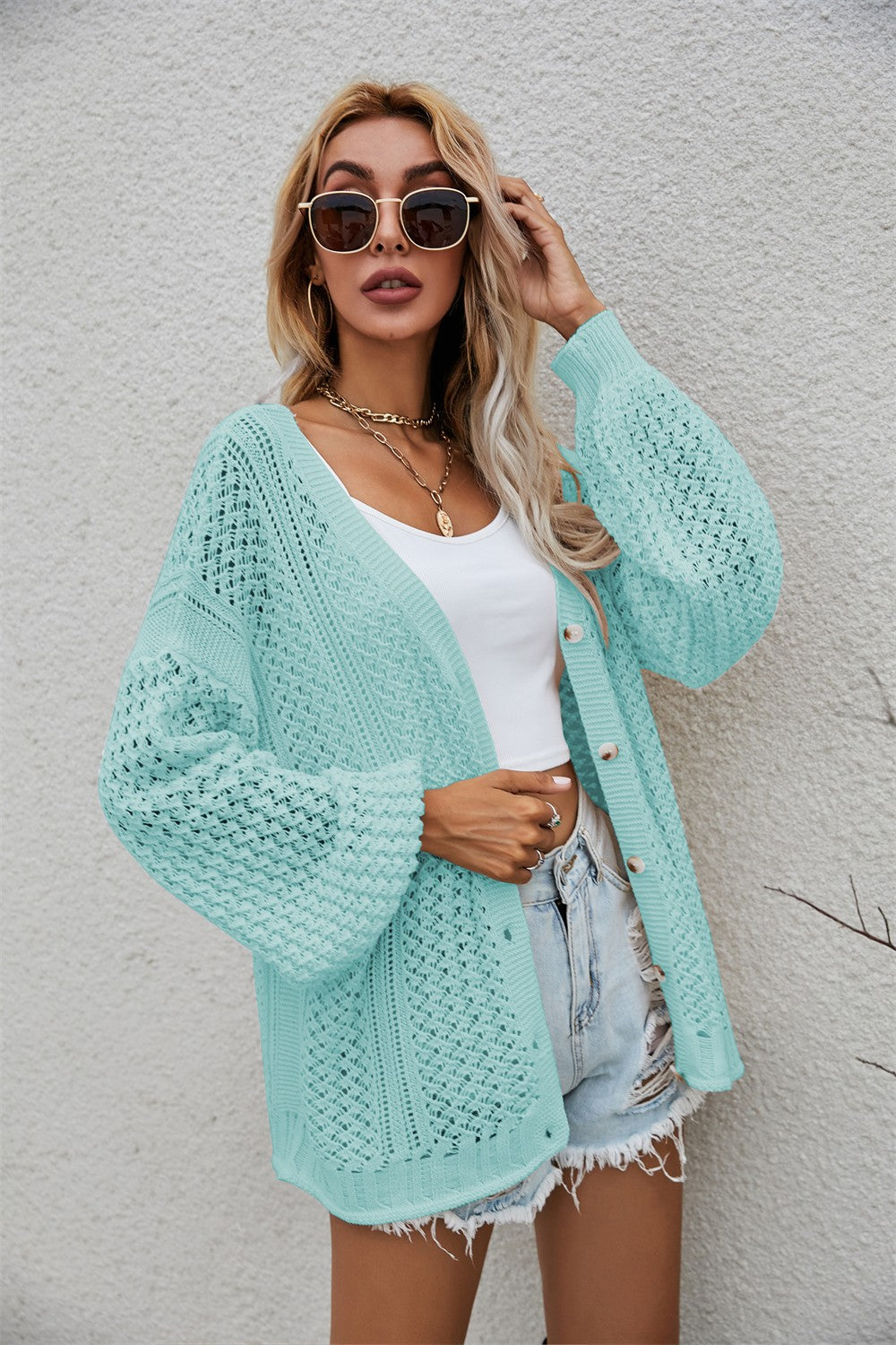 Openwork V-Neck Dropped Shoulder Cardigan  Coats & Jackets- Doll Fits