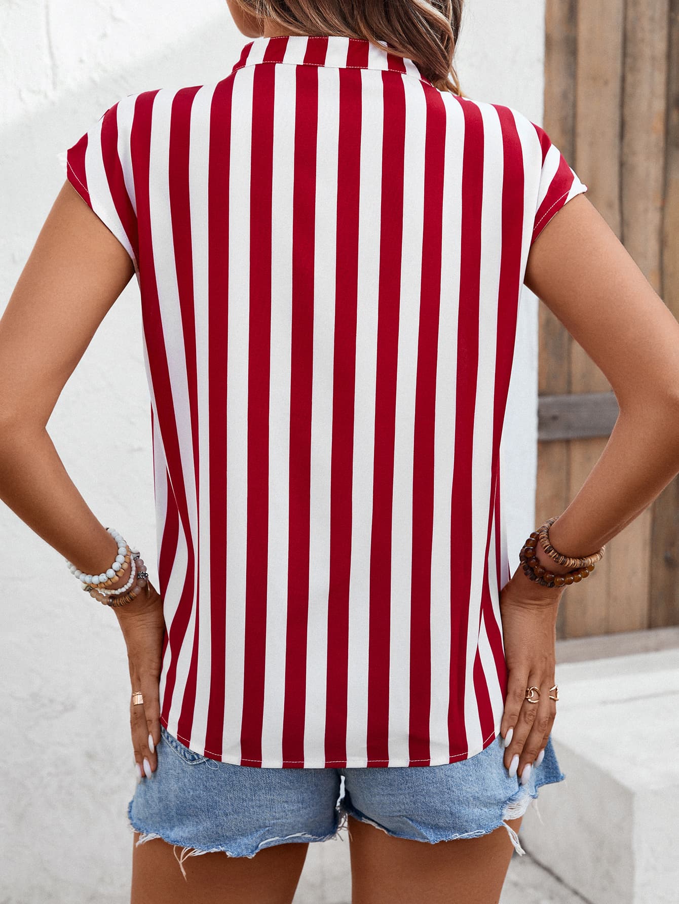Striped Notched Neck Cap Sleeve Blouse  Shirts & Tops- Doll Fits