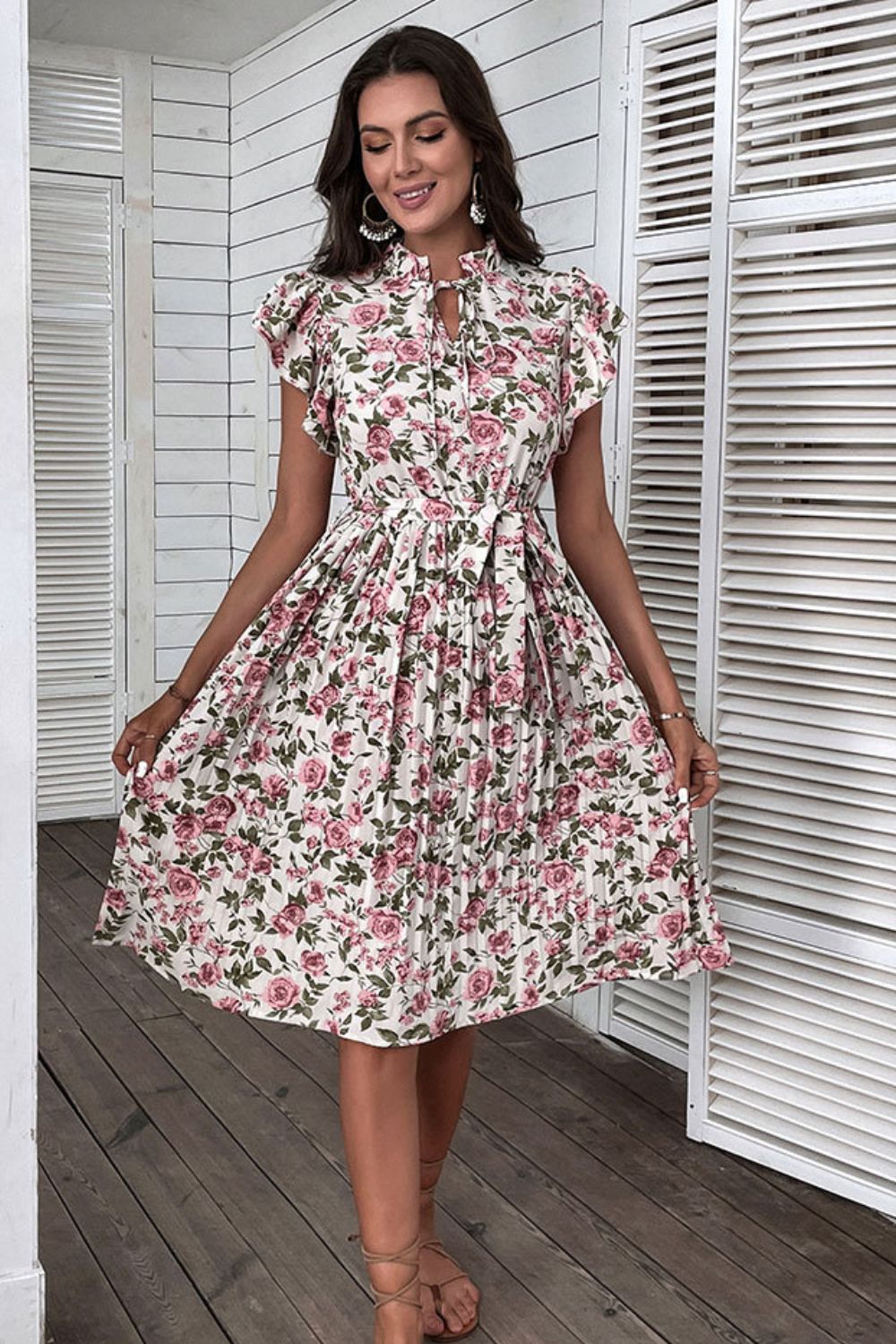 Floral Tie-Neck Flutter Sleeve Midi Dress  Dresses- Doll Fits