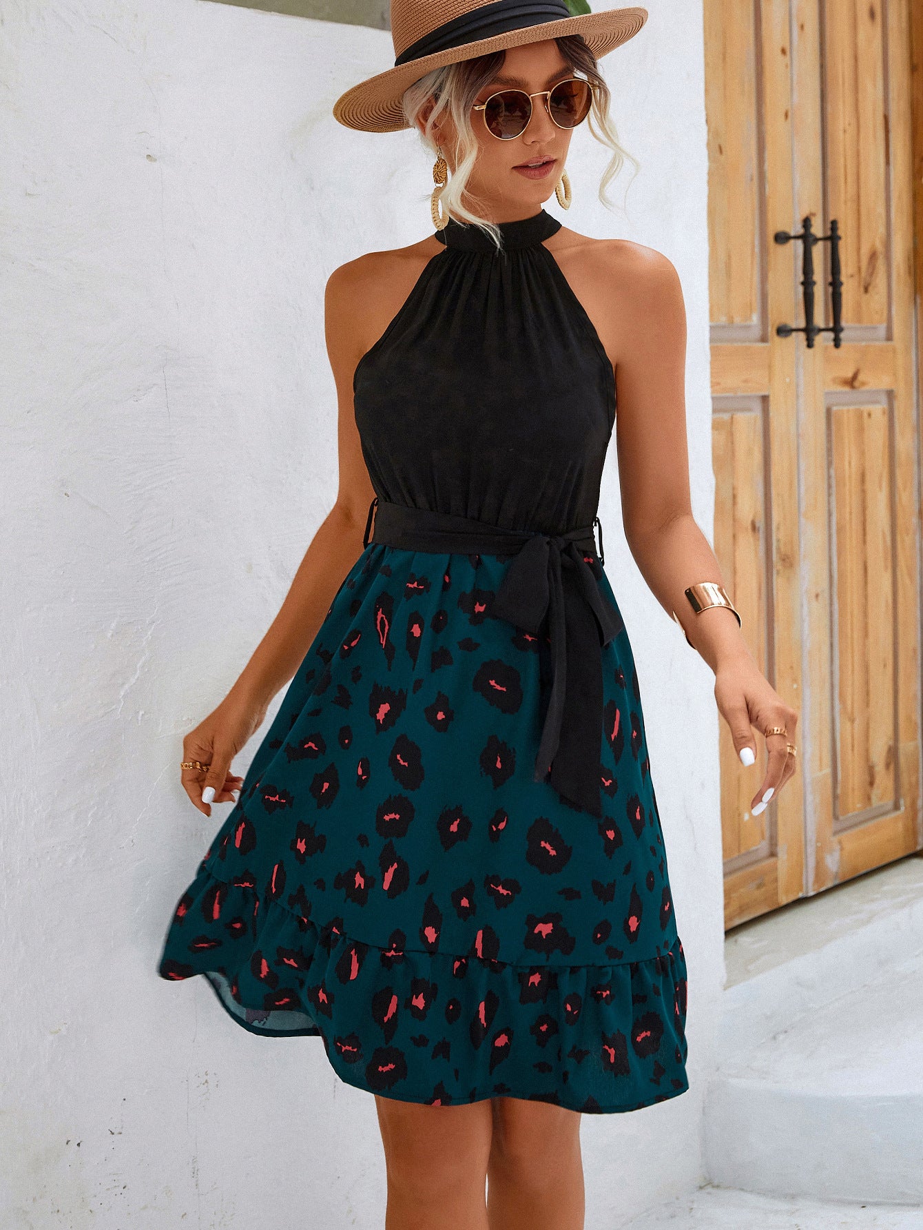 Two-Tone Belted Sleeveless Grecian Neck Dress  Dresses- Doll Fits