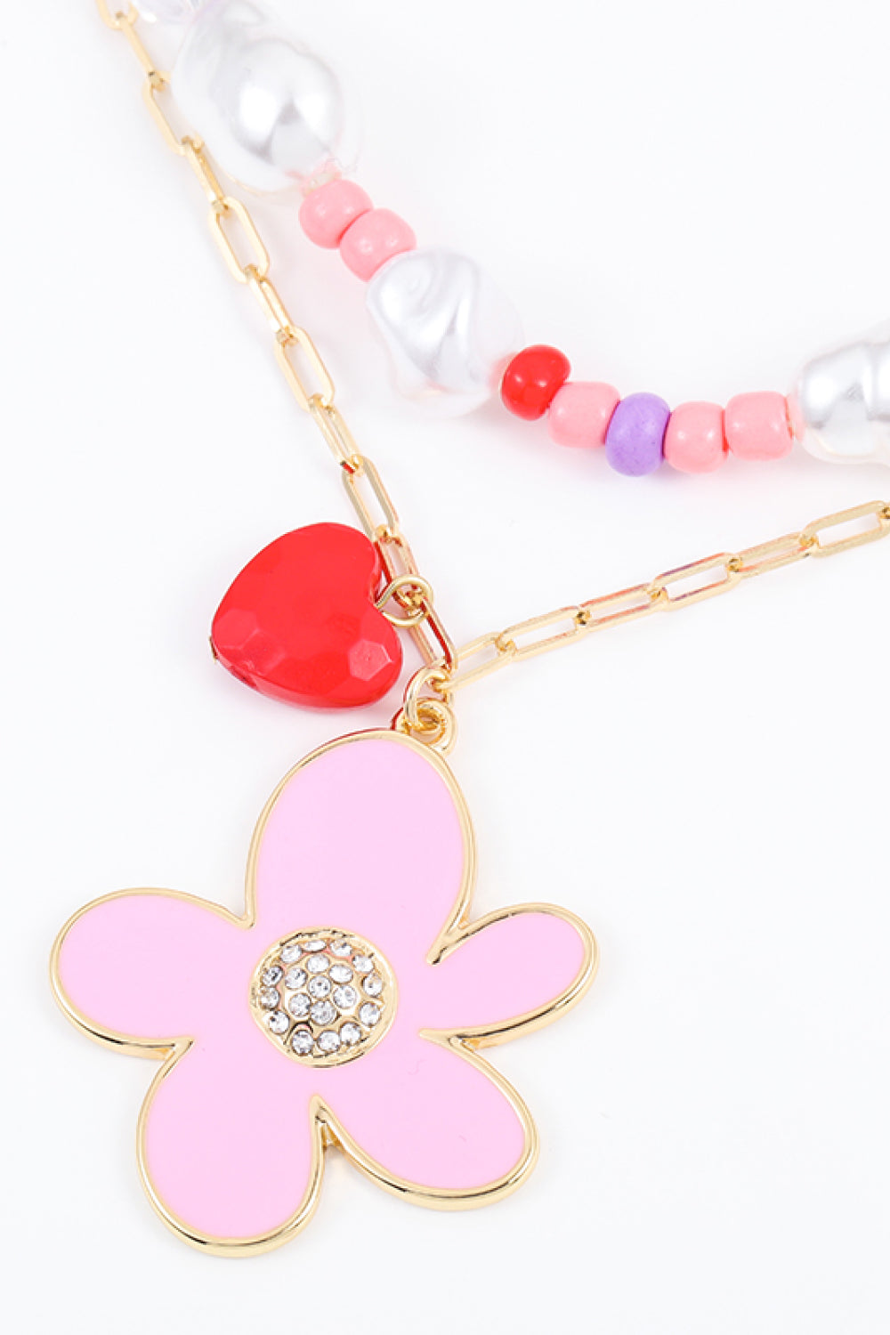 Flower and Heart Pendant Layered Necklace  Necklaces- Doll Fits