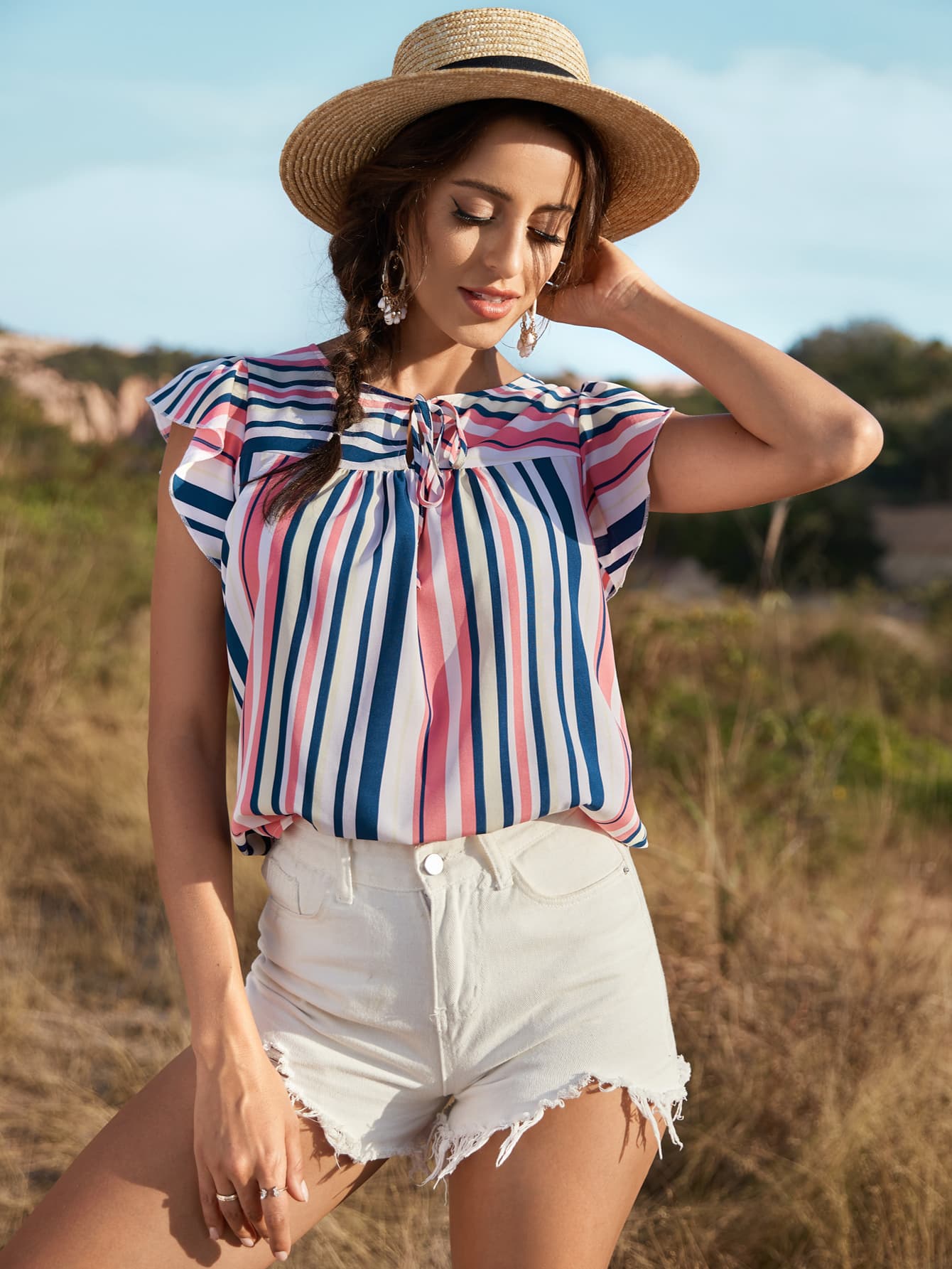 Striped Flutter Sleeve Tied Blouse  Shirts & Tops- Doll Fits