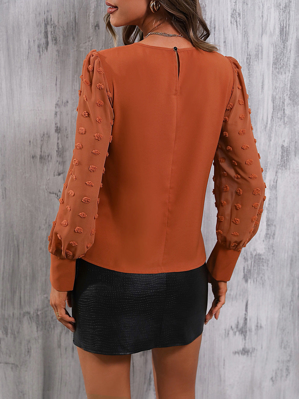 Swiss Dot Lantern Sleeve Round Neck Blouse  Shirts & Tops- Doll Fits