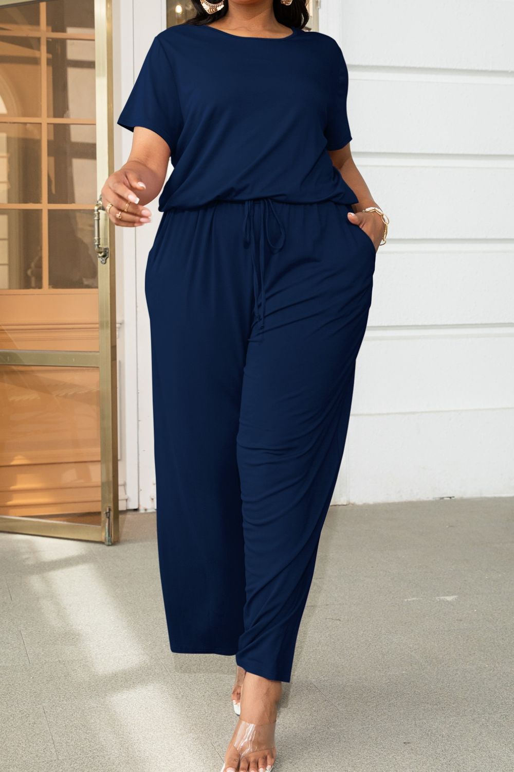 Plus Size Drawstring Waist Short Sleeve Jumpsuit  Jumpsuits & Rompers- Doll Fits