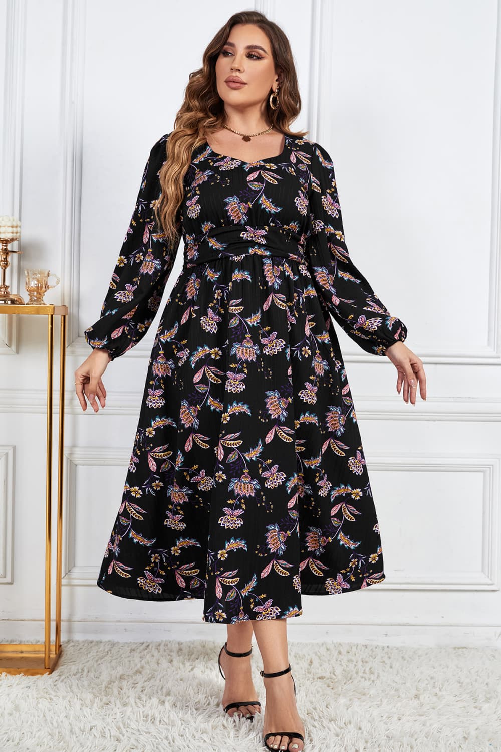 Melo Apparel Plus Size Floral Print Long Sleeve Midi Dress  Dresses- Doll Fits