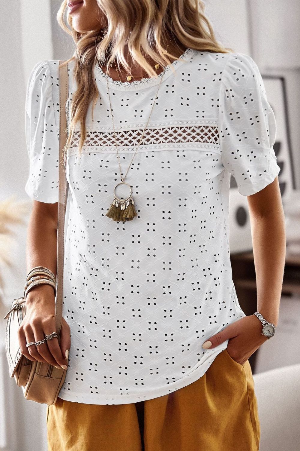 Spliced Lace Short Puff Sleeve Top  Shirts & Tops- Doll Fits