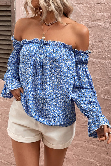 Off Shoulder Printed Frill Trim Blouse  - Doll Fits