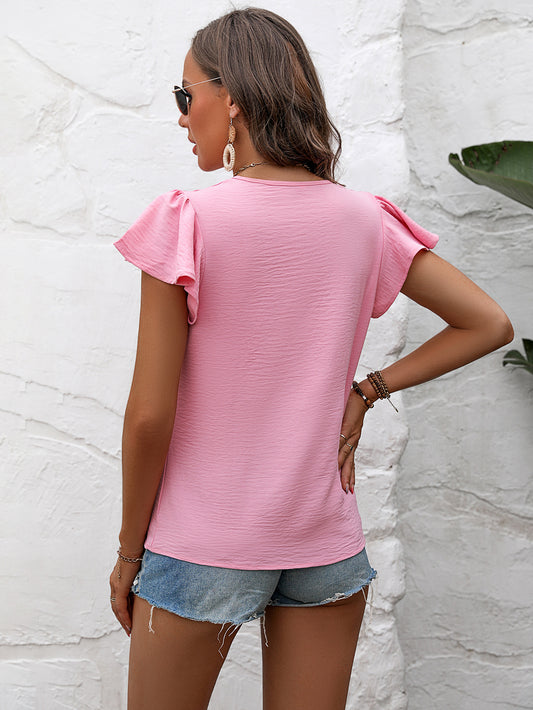 Textured Flutter Sleeve Blouse  Shirts & Tops- Doll Fits