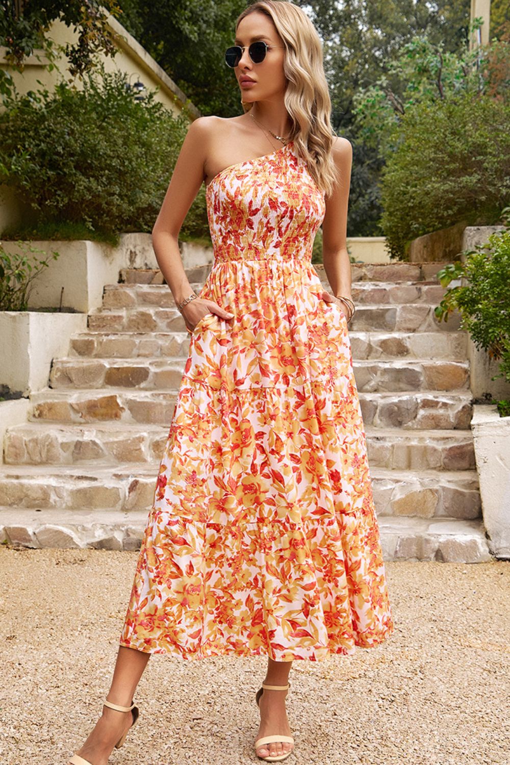 Floral One-Shoulder Sleeveless Dress with Pockets  Dresses- Doll Fits