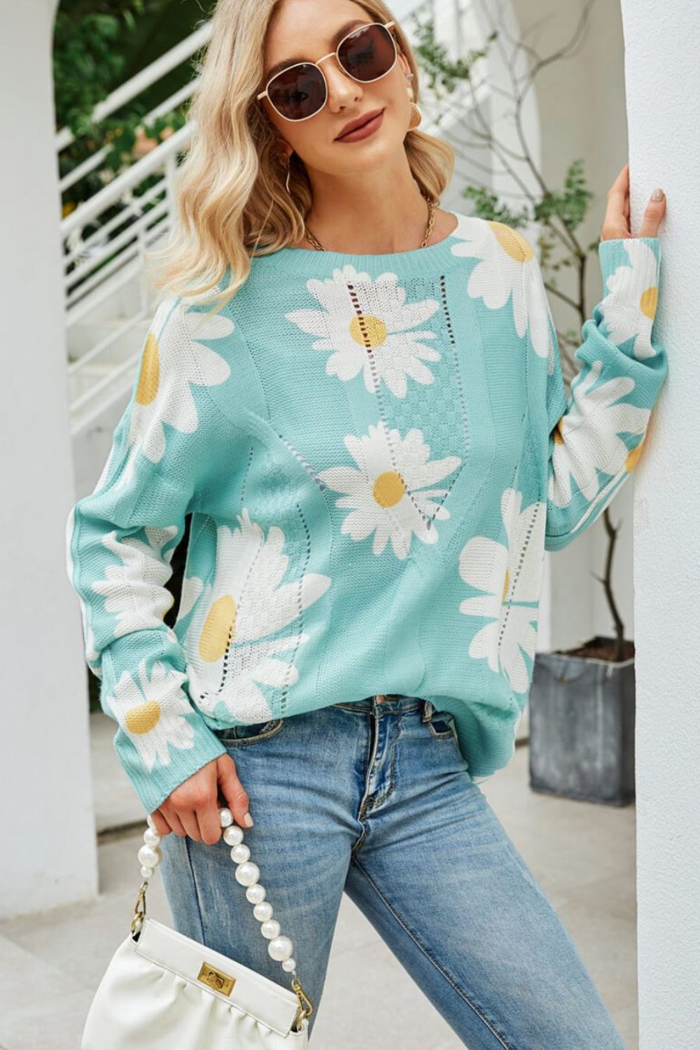 Daisy Print Openwork Round Neck Sweater  Shirts & Tops- Doll Fits