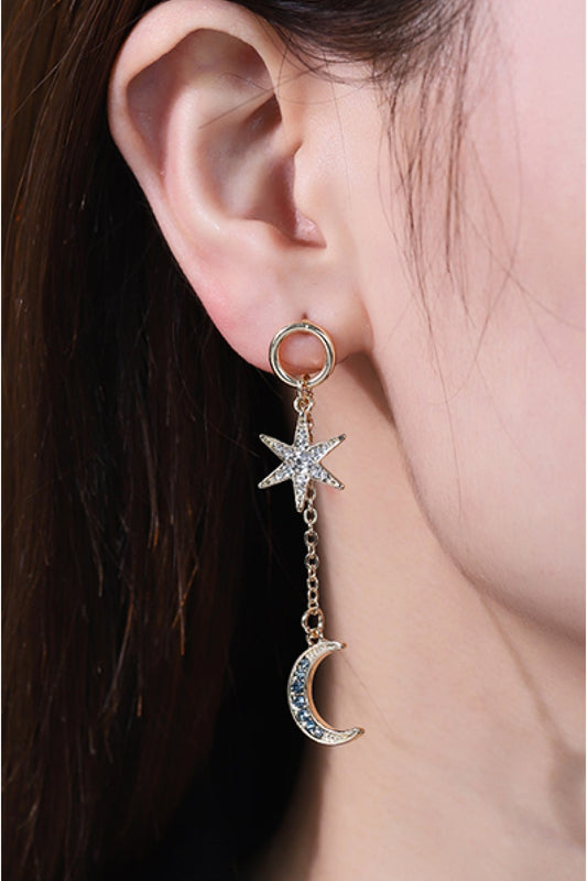 Inlaid Rhinestone Star and Moon Drop Earrings  Earrings- Doll Fits