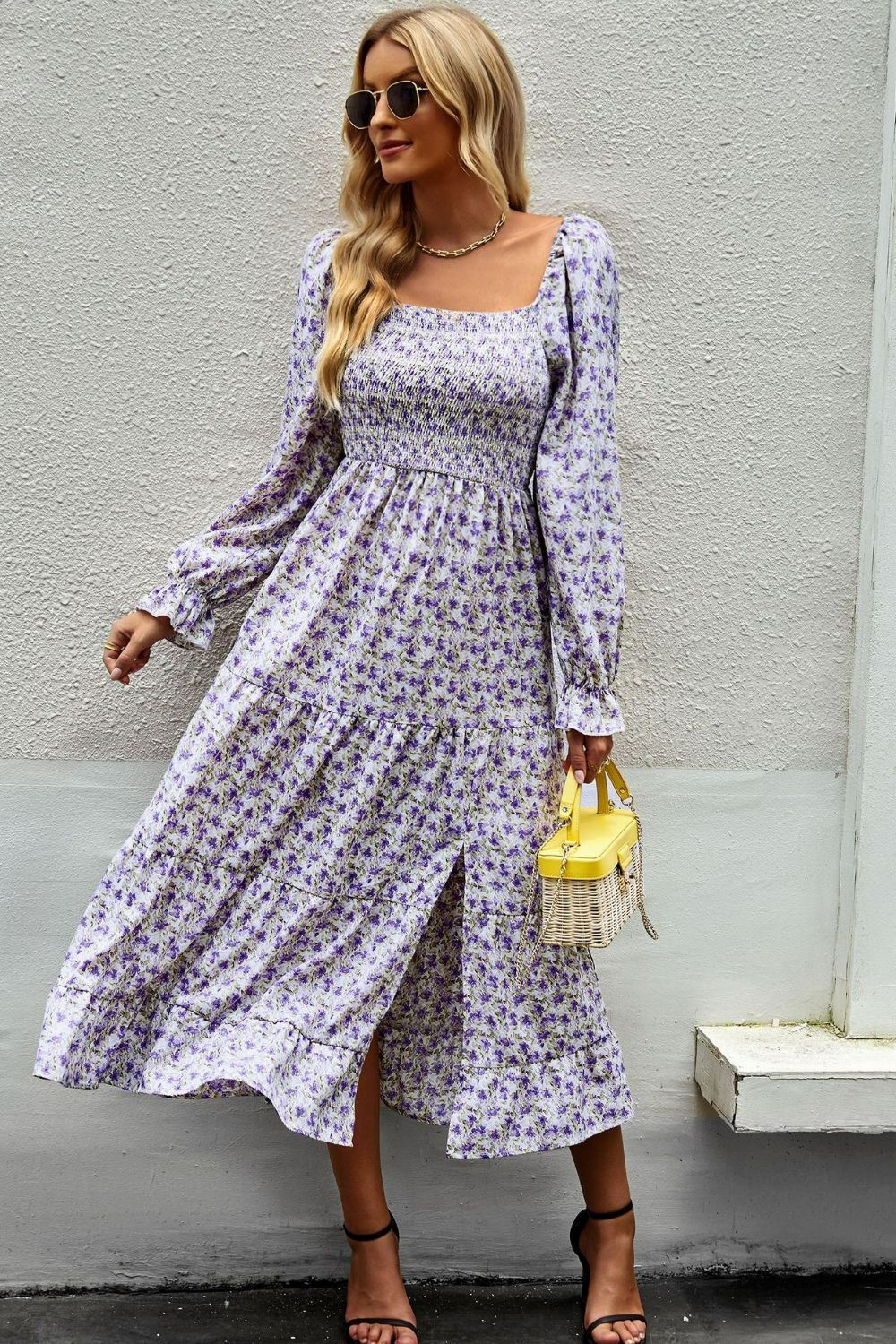 Floral Smocked Square Neck Slit Midi Dress  Dresses- Doll Fits