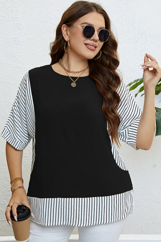 Plus Size Striped Round Neck Half Sleeve Top  Shirts & Tops- Doll Fits