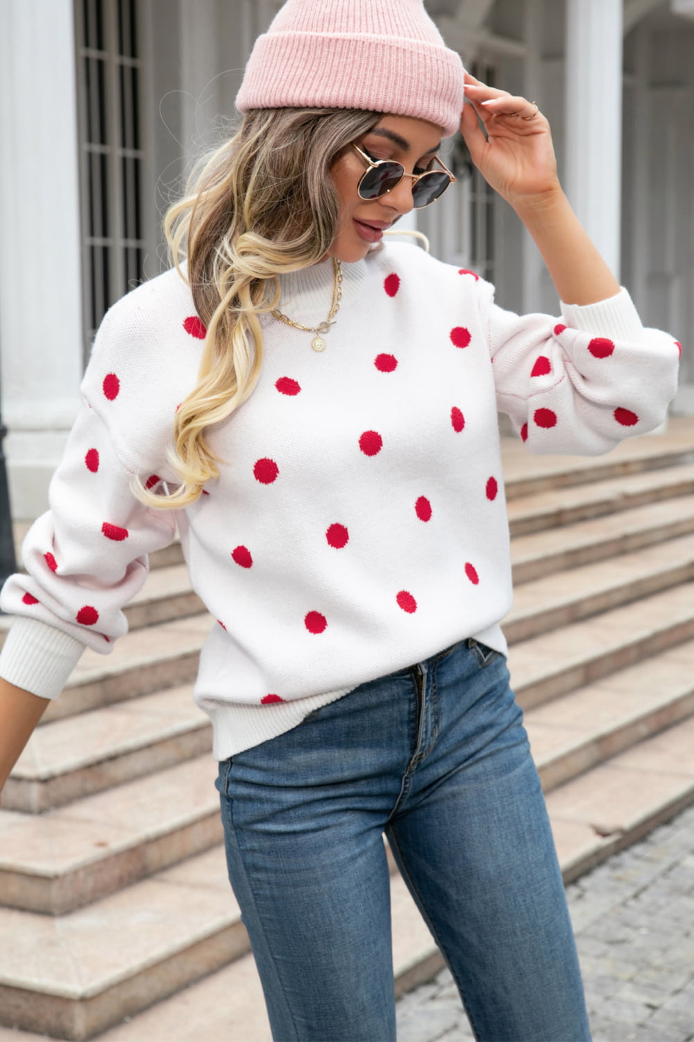 Woven Right Polka Dot Round Neck Dropped Shoulder Sweater  - Doll Fits