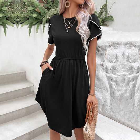 Round Neck Petal Sleeve Dress with Pockets  Dresses- Doll Fits