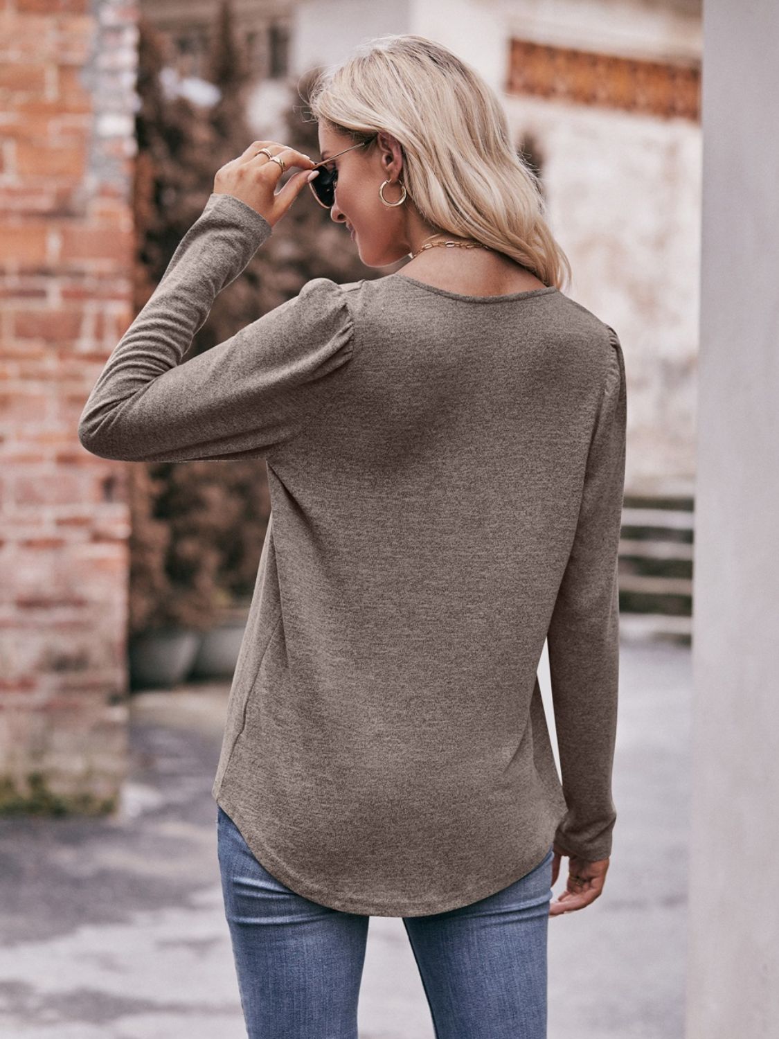 Pleated Detail Curved Hem Long Sleeve Top  Shirts & Tops- Doll Fits