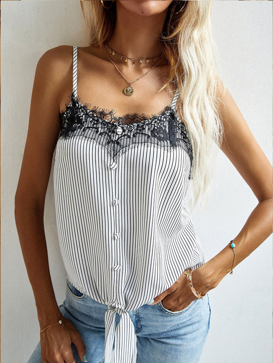 Sweetheart Neck Lace Detail Tie Front Striped Cami  - Doll Fits