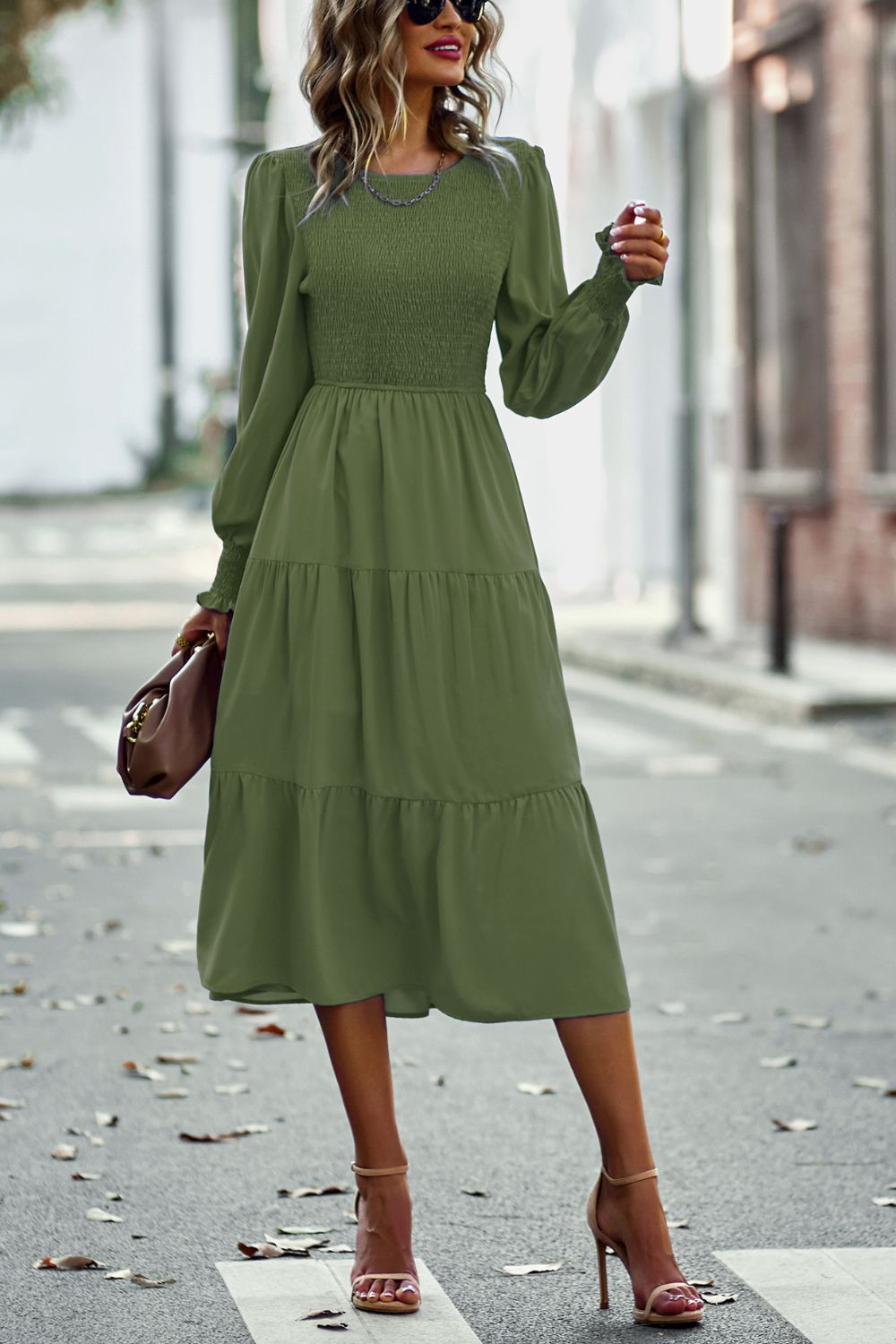 Smocked Long Puff Sleeve Tiered Midi Dress  Dresses- Doll Fits