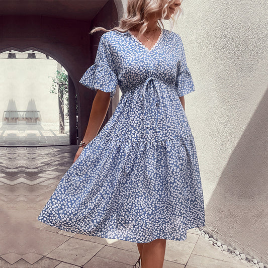 Floral Flounce Sleeve V-Neck Dress  Dresses- Doll Fits