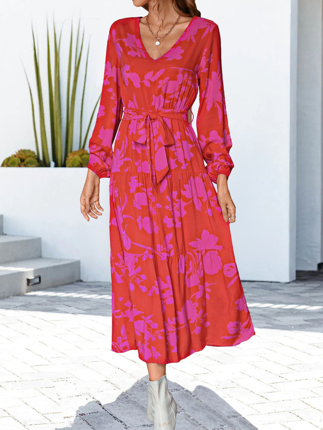 Floral V-Neck Long Sleeve Dress  Dresses- Doll Fits