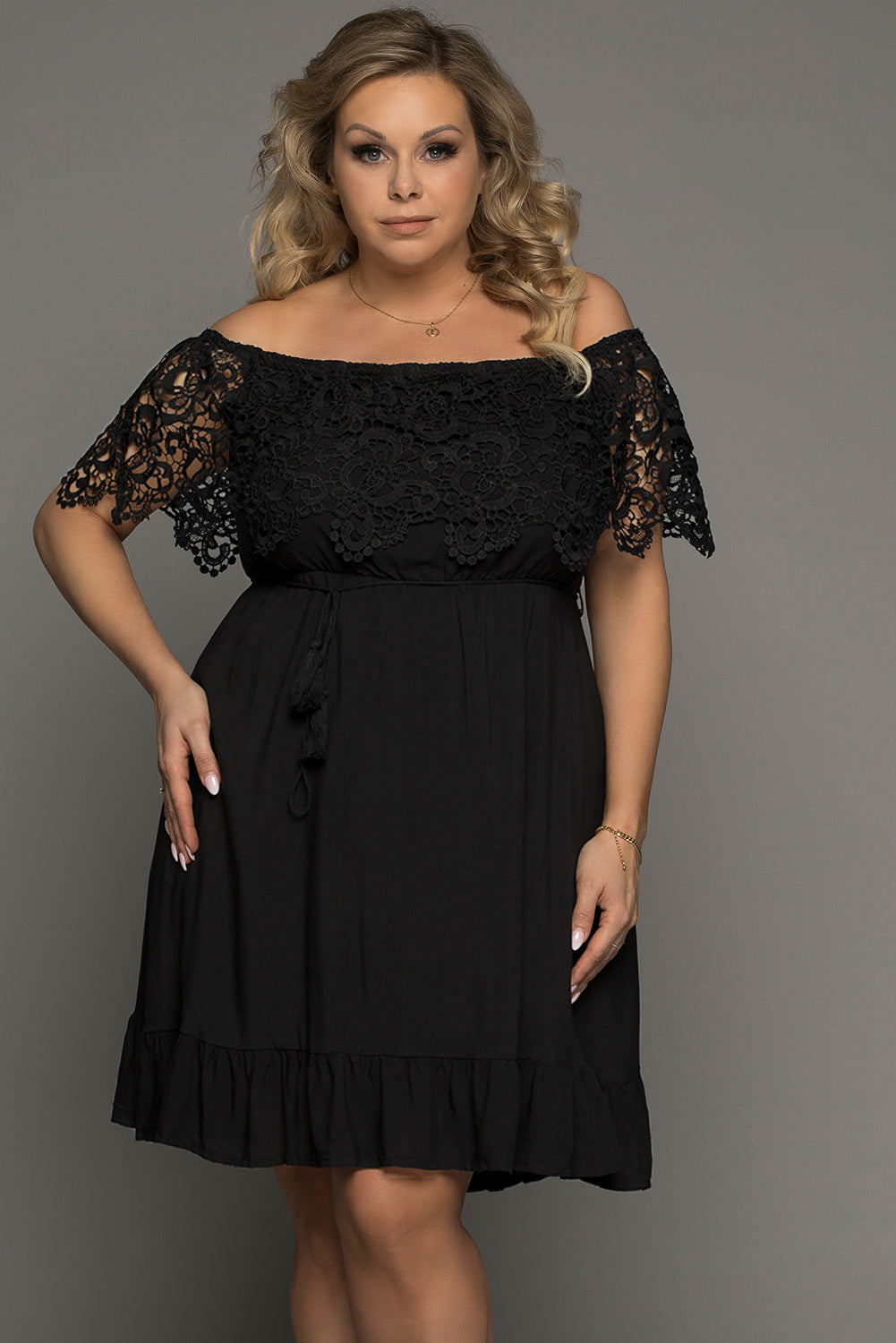 Plus Size Tassel Tie Spliced Lace Off-Shoulder Dress  Dresses- Doll Fits