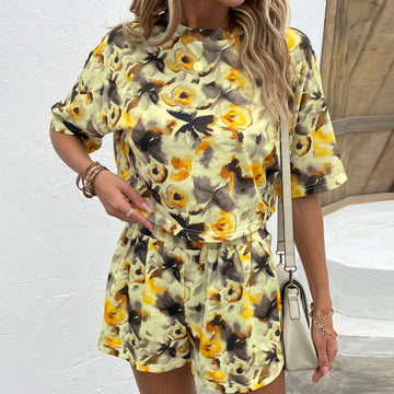 Printed Round Neck Dropped Shoulder Half Sleeve Top and Shorts Set  Outfit Sets- Doll Fits